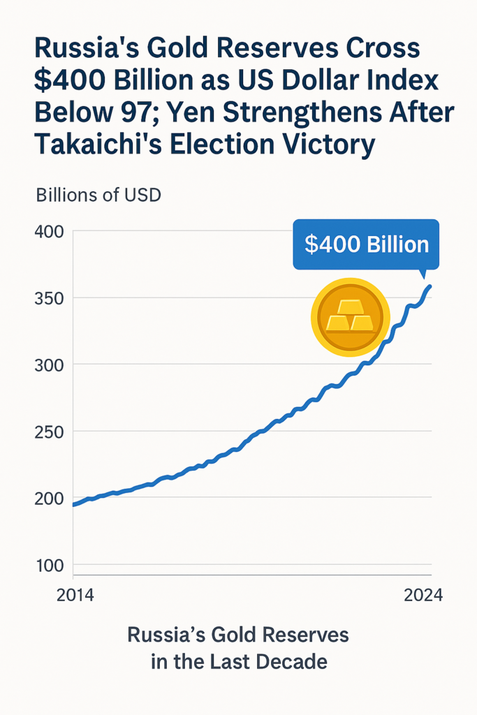 Russia’s Gold Reserves Cross $400 Billion as US Dollar Index Below 97; Yen Strengthens After Takaichi’s Election Victory