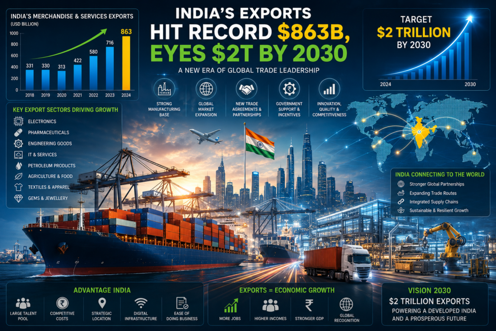 India’s Exports Hit Record $863B, Eyes $2T by 2030